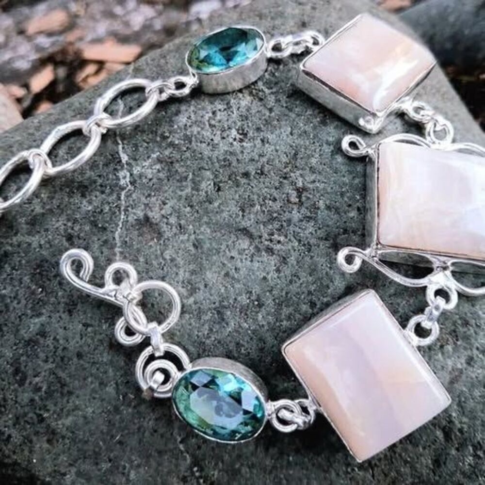 Rose Quartz & Teal Stone Toggle Bracelet | Boho Coastal